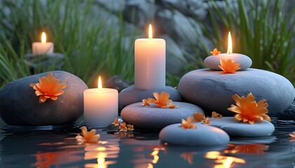 Tranquil scene featuring candles, smooth stones, and gentle water elements in a serene setting