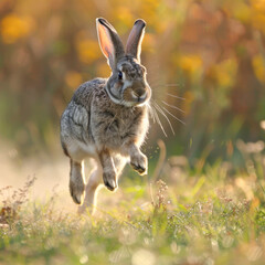 a gray loppy eared rabbit tuning wild on the grassland