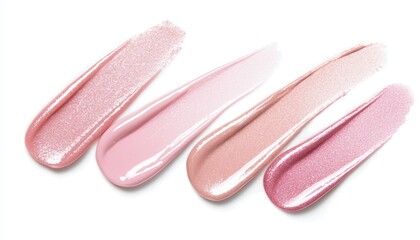 Cool Pink lip gloss swatches with a dewy, glossy finish, arranged next to matte lipsticks for a dynamic texture contrast.