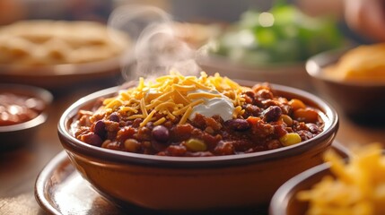 A comforting scene of a warm bowl of chili being served at a cozy gathering, with steam rising and toppings like cheese and sour cream ready for guests.