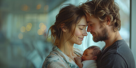 Wall Mural - A close-up of a loving couple with their newborn baby, sharing an intimate moment of tenderness and connection, highlighting family bond.