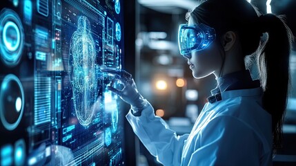 Poster - A visually dynamic mix of futuristic medical technologies and scientific innovations, incorporating holograms, robotic devices, and modern lab equipment.