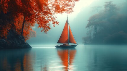 Wall Mural - A sailboat with red sails navigates through a misty lake, surrounded by vibrant autumn foliage. The water is a serene turquoise, reflecting the sky and the boat.