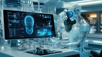 Poster - A visually dynamic mix of futuristic medical technologies and scientific innovations, incorporating holograms, robotic devices, and modern lab equipment.