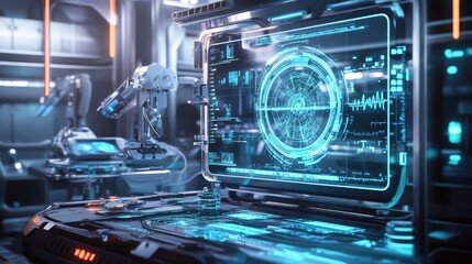 Poster - A visually dynamic mix of futuristic medical technologies and scientific innovations, incorporating holograms, robotic devices, and modern lab equipment.
