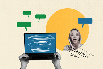 Wall Mural - Creative collage image young woman say tell laptop internet social network textboxes forum discussion conversations drawing background