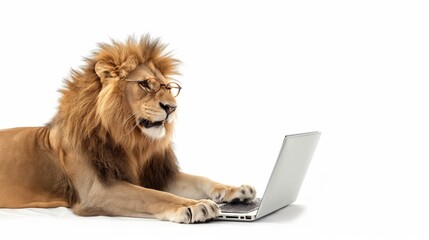 Wall Mural - Lion using laptop on white background in studio.