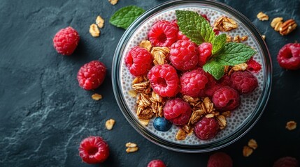 Chia pudding topped with raspberries, granola, and mint leaves on a dark background.