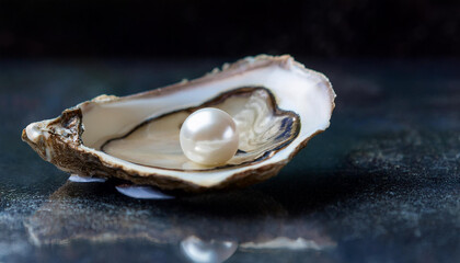 Natural pearl inside oyster shell, sea water, wet surface.