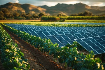 Sticker - A field of solar panels installed between rows of crops at sunset, creating a sustainable and harmonious energy solution.