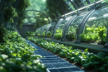 Canvas Print - A futuristic greenhouse with solar panels and lush greenery.