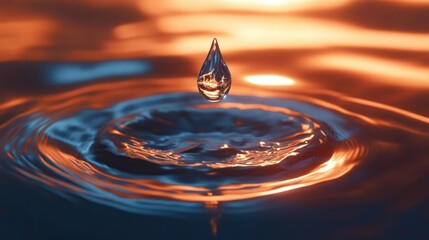 Wall Mural - Water Drop Impacting Still Water with Orange Reflection