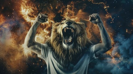 Poster - A person wearing a white shirt with a lion's headpiece, perfect for fantasy or mythology-inspired illustrations