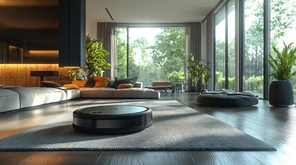 Sticker - A robotic vacuum cleaner on a carpet in a modern living room with large windows.