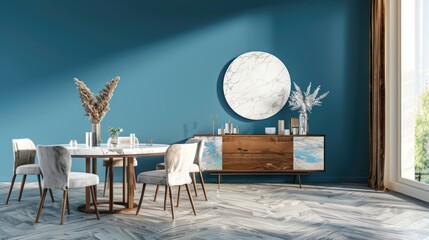 Sticker - A blue dining room with a marble table and chairs