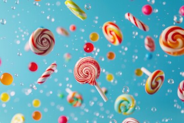 Poster - Colorful lollipops suspended in mid-air, a whimsical and playful scene