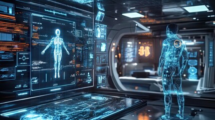 Poster - Mixed media showcasing cutting-edge medical and scientific technologies, including holographic interfaces, futuristic equipment, and glowing data streams.
