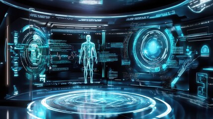 Poster - Mixed media showcasing cutting-edge medical and scientific technologies, including holographic interfaces, futuristic equipment, and glowing data streams.