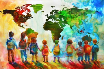 Poster - Group of kids gathered around a large world map, exploring geography and culture