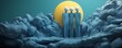 © Aris Suwanmalee - Three blue figures standing on clouds, surrounded by a vibrant yellow sun, symbolizing unity and creativity in a surreal space.