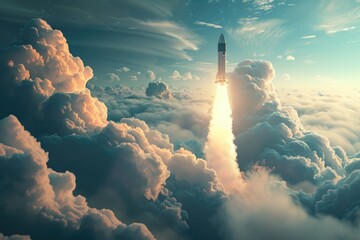 Fototapete - A space shuttle soaring through fluffy white clouds