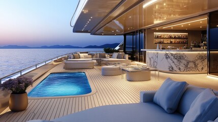 The main deck of a luxurious yacht with sleek outdoor furniture, a sparkling swimming pool, and a marble bar, designed with minimal elegance and clean lines.