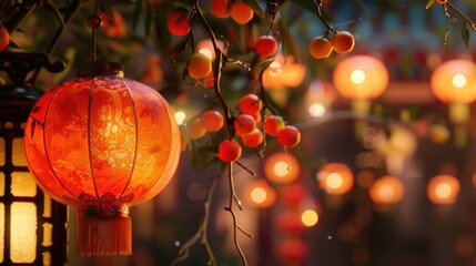 Aufkleber - Outdoor decoration with lanterns suspended from branches, suitable for festivals or events