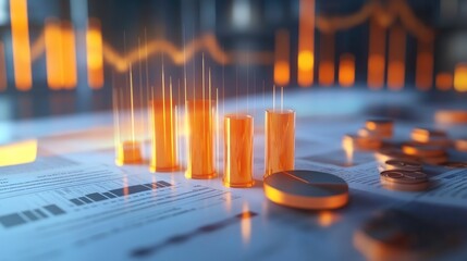 Poster - A digital 3D bar graph displayed above a financial report, with light reflections and shadows enhancing the visual impact, representing effective communication of data.