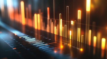 Poster - A digital 3D bar graph displayed above a financial report, with light reflections and shadows enhancing the visual impact, representing effective communication of data.