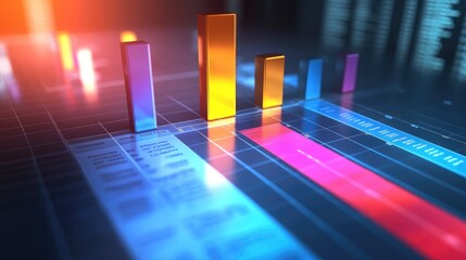 Poster - A digital 3D bar graph displayed above a financial report, with light reflections and shadows enhancing the visual impact, representing effective communication of data.