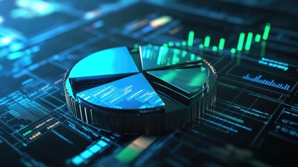 Poster - A digital 3D pie chart in blue and green hues, representing financial distribution on a holographic screen, symbolizing innovative financial analysis