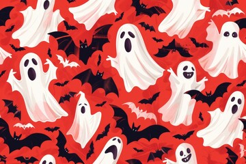 Poster - Group of ghostly figures and flying bats on a bright red background