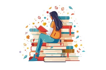 Canvas Print - A woman sits surrounded by piles of books, engrossed in her current read