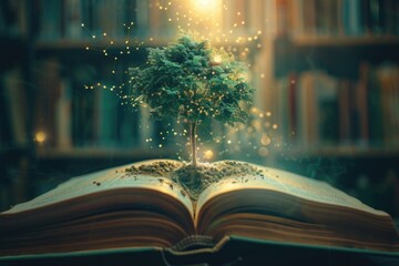 Poster - A person sitting at a desk with an open book and a tree growing out of the pages