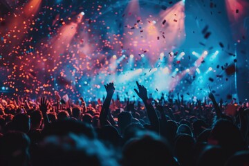 Poster - A crowd of people at a concert with their hands raised, showing enthusiasm and excitement