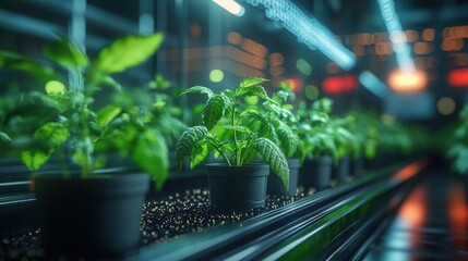 Wall Mural - A row of young plants growing under artificial light in a hydroponic system.