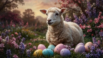 Cute and sweet baby lamb in the spring landscape with easter eggs