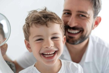 Wall Mural - A father-son moment of oral hygiene, suitable for family or educational content