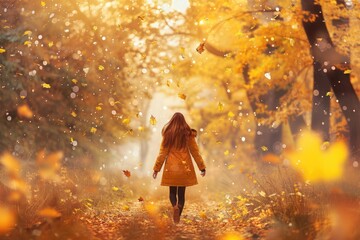 Poster - A woman wearing a bright yellow coat walks along a forest path, surrounded by trees and foliage