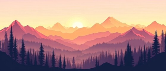 Poster - Sunset Landscape with Mountain and Forest Silhouettes