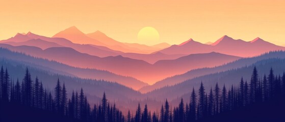 Poster - Sunset Landscape with Mountain and Forest Silhouettes