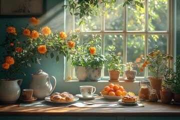 Wall Mural - A sunny kitchen windowsill with a teapot, teacups, pastries, fruit and plants.