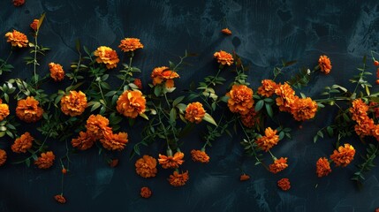 Poster - A group of bright orange flowers arranged on a blue background