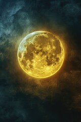Poster - A bright yellow moon shining through a layer of clouds in the night sky
