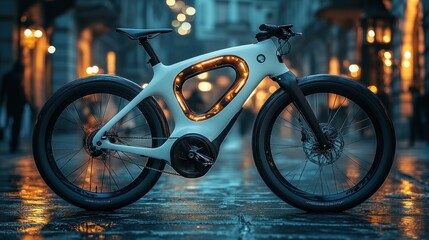 Modern white electric bicycle parked on a wet city street at night with warm yellow lights in the background.