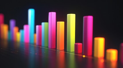 Poster - A dynamic 3D bar graph with colorful segments rising sharply against a dark background, symbolizing impressive business growth and financial success.