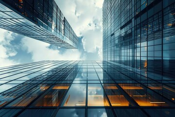 Poster - A tall high-rise building with multiple windows against a blue sky background