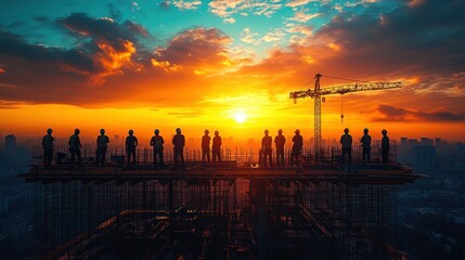 Canvas Print - Construction workers silhouetted against a dramatic sunset, with a crane in the background, standing on a high-rise building under construction.