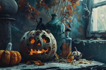 Poster - A carved pumpkin sits atop a wooden table, ready for Halloween celebrations