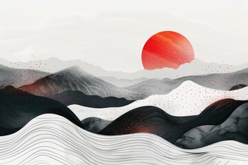 Poster - A mountain landscape with a bright red sun in the clear blue sky, ideal for travel or adventure-themed projects